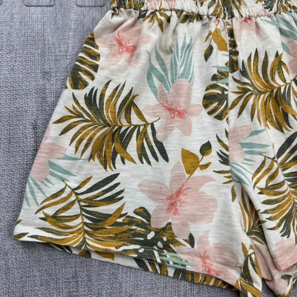 SO Girl's Cream Floral Palm Hibiscus Romper Sz L 10/12 Tropical Beachy Summer